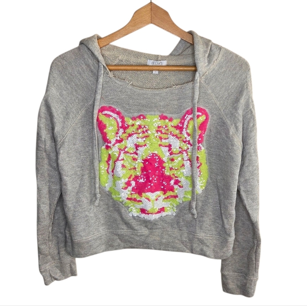 Y2K Delia's | Cropped Gray Hoodie Pink Yellow Sequin Tiger Graphic Size Large